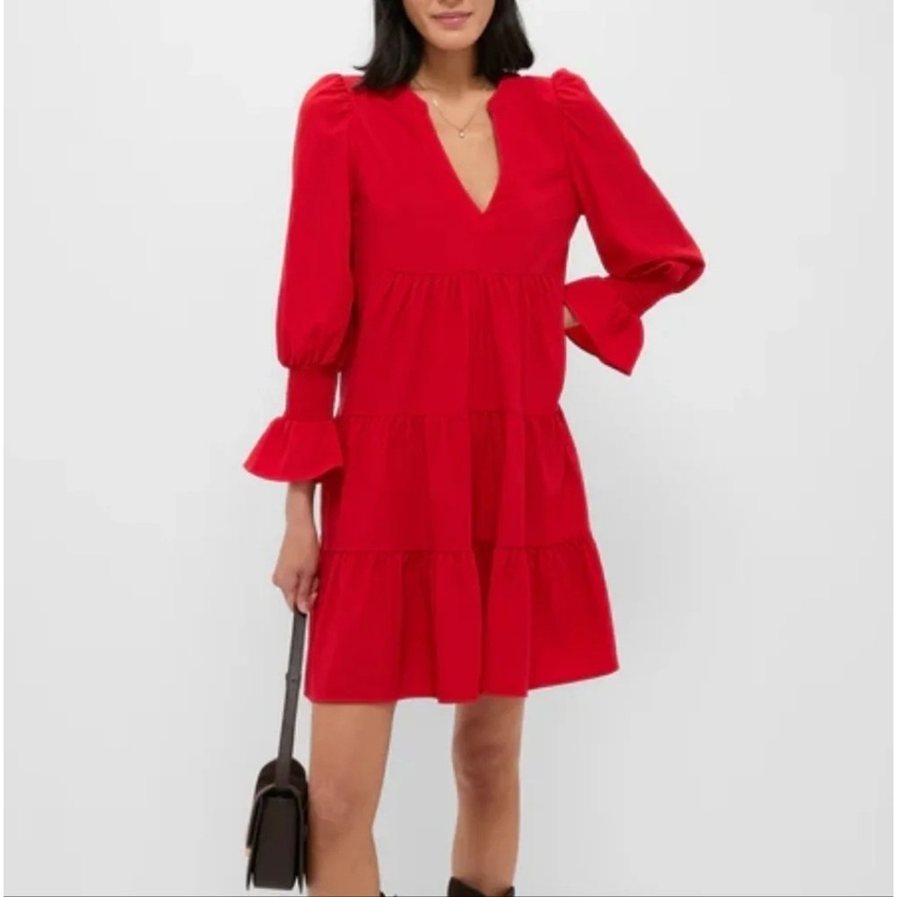 Tuckernuck Pomander Place Red Crepe Kenzo Dress Size M Tiered Mini V-Neck